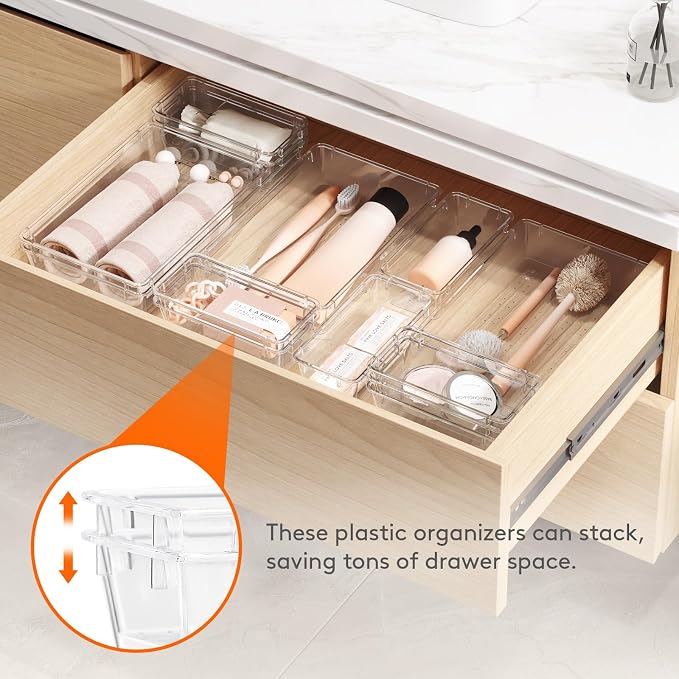 Lifewit 15 Pcs Large Bathroom Drawer Organizers, 3 Sizes Clear Plastic Storage - Image 5