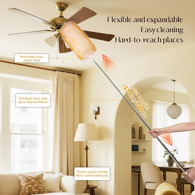 Extendable Lambswool Duster Stainless Steel Handle 133" Removable Feather Duster - Image 6
