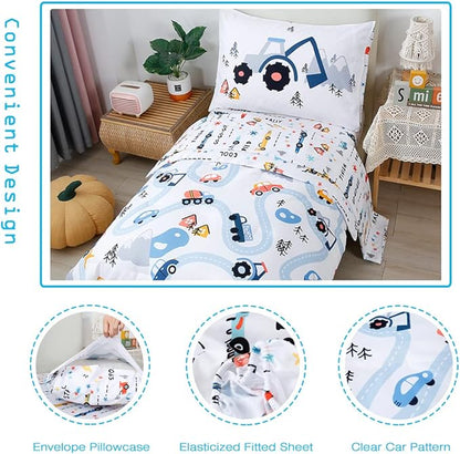 PERFEMET 5-Piece Kids Comforter Full Size Set Reversible Trucks Cars Bedding Comforter Set for Boys Girls Ultra Soft Lightweight Blue White Boy Bed in a Bag for All Season(Cars, Full)