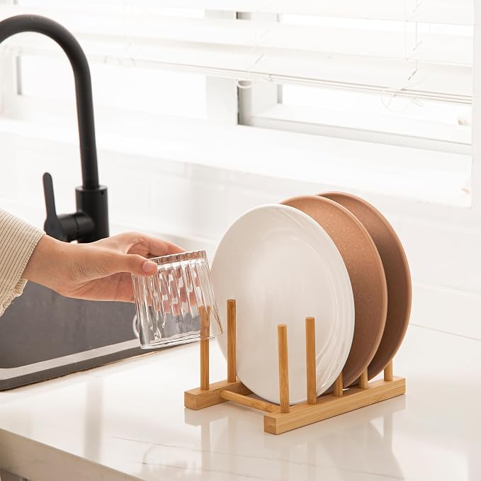 HBlife 4pcs Bamboo Dish Plate Bowl Cup Book Pot Lid Cutting Board Drying Rack - Image 3