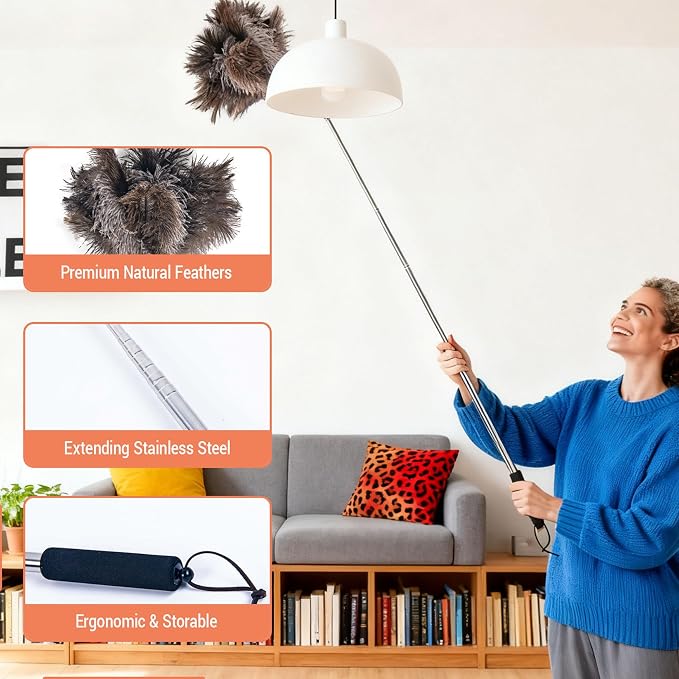 Luxury Black Curved Feather Duster, Extendable Ostrich Feather Cleaning Tool - Image 3