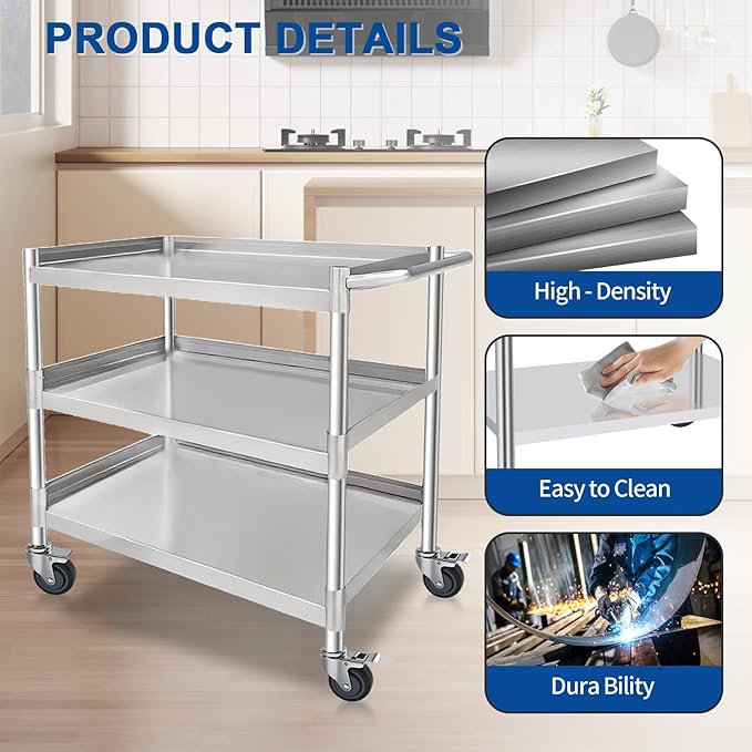 3-Shelf Stainless Steel Rolling Utility Cart - Image 4