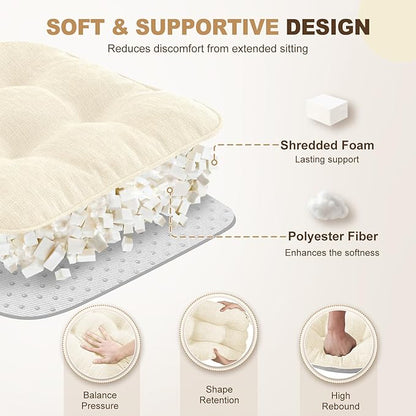 downluxe Indoor Chair Cushions for Dining Chairs, Tufted Overstuffed Textured Foam Kitchen Chair Pads with Ties and Non-Slip Backing, 15.5" x 15.5" x 4", Beige, 4 Pack