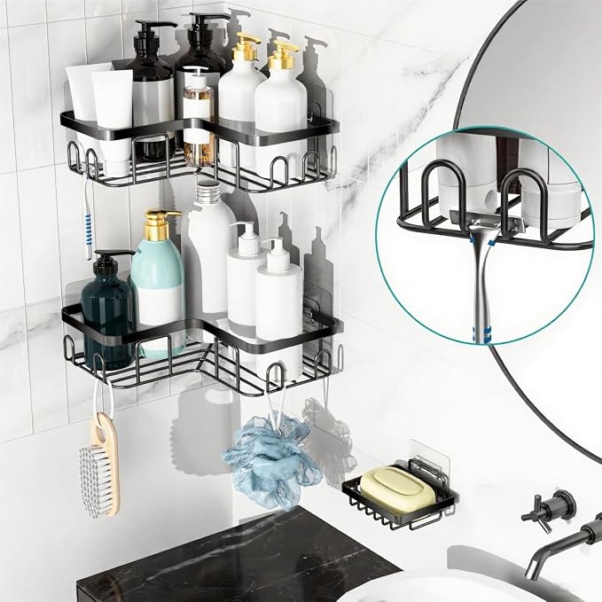 Moforoco Corner Shower Caddy Shelf Organizer Rack, Self Adhesive Black Bathroom - Image 4