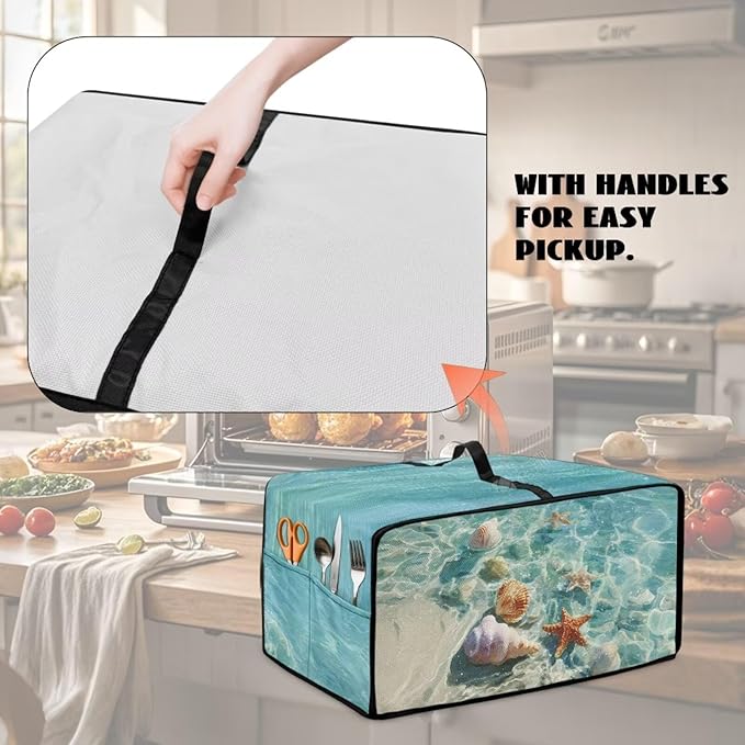 Toaster Oven Cover Washable Small Kitchen Appliance Dust Cover with Pockets, for Air Fryer Toaster Ovens, Microwaves, L, 18.5 x 22.5 x 13 Inches, Blue Beach Starfish Seashell Conch Whelk