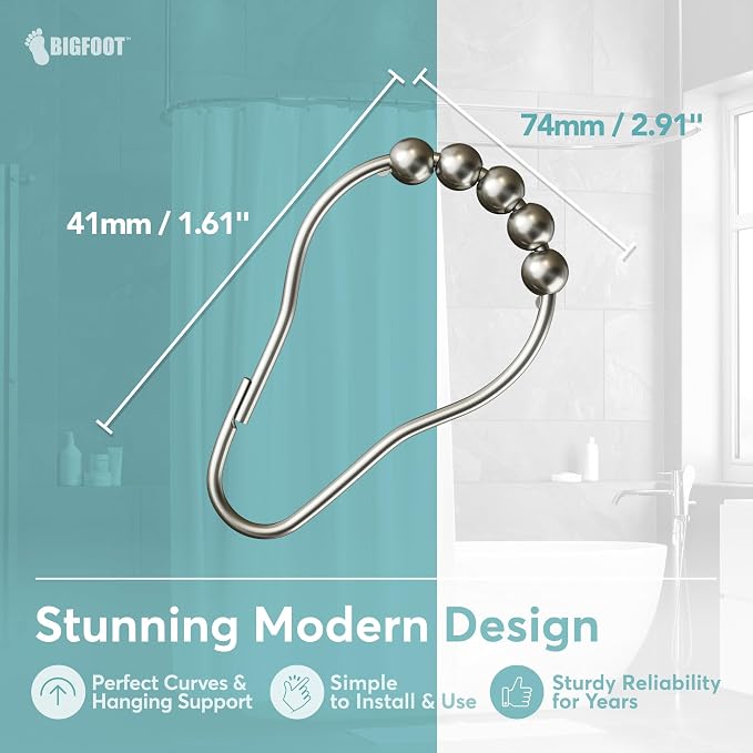 BigFoot Shower Curtain Hooks, Durable Stainless Steel, Rust Resistant, Easy - Image 3