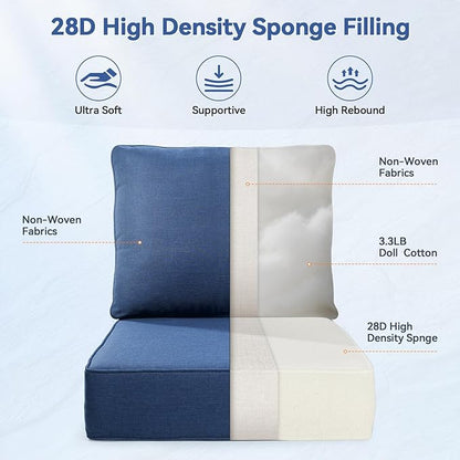 Luxury 6" Outdoor Cushions for Patio Furniture, 24x24x6" Thick Seat Cushion Set of 2, Fade Resistant Couch Chair Replacement Cushions High Density Deep Wicker Chair Cushion w/ Removable Cover, Blue