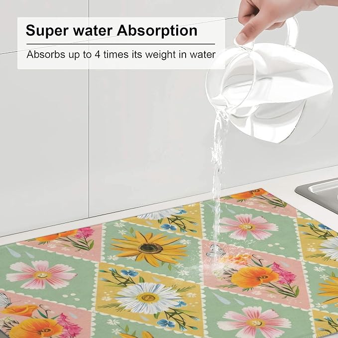 Daisy Flowers Dish Drying Mat 18x24 Inch, Microfiber Absorbent Fast Dry Mat - Image 5