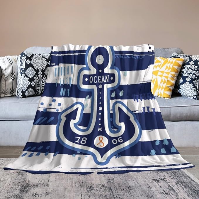 Nautical Anchor Blanket Modern Cartoon Anchor Ocean Adventure Blue White Soft Cozy Lightweight Throw Blanket for Kids Boys Men Bedroom Living Room Dorm Chair Sofa Travel 50x60in