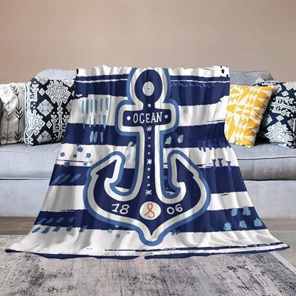 Nautical Anchor Blanket Modern Cartoon Anchor Ocean Adventure Blue White Soft Cozy Lightweight Throw Blanket for Kids Boys Men Bedroom Living Room Dorm Chair Sofa Travel 50x60in