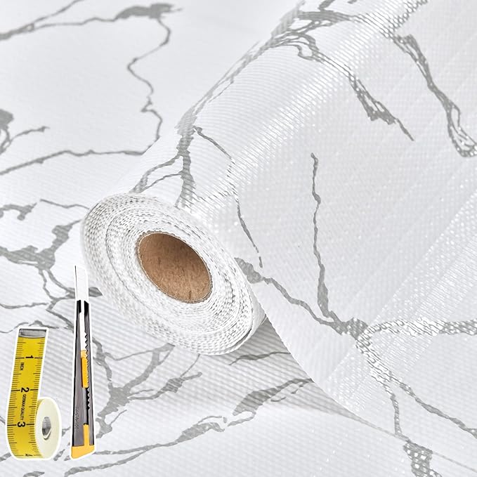 Drawer and Shelf Liner for Kitchen Cabinet: 17 in X 20 Ft Non Slip Waterproof Shelf Paper Non Adhesive Refrigerator Liners Silver Marble Easy Liners for Bathroom with Knife Tape Measure