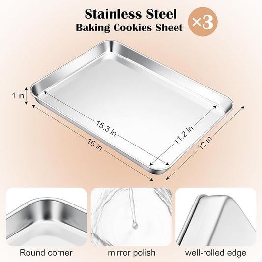 E-far Baking Sheets Set of 3, 16” x12” x 1” Stainless Steel Cookie Sheets Pans - Image 2