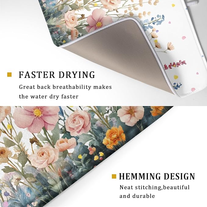 Colorful Flower Dish Drying Mat 18x24 Inch Botanical Floral Drainer Rack Mats - Image 3