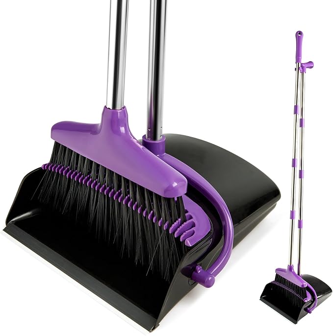 Broom and Dustpan Set with Long Handle, Light Weight Stainless Steel Poles by XXFLOWER