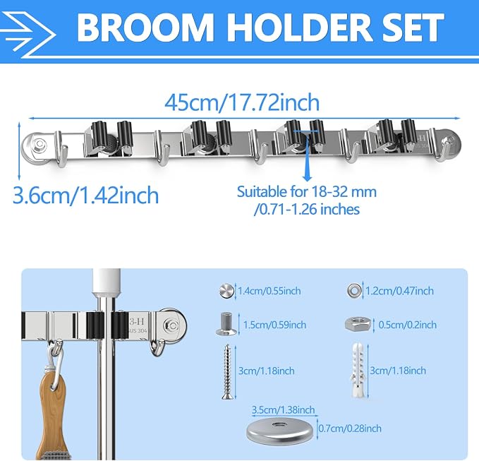 3-H Magnetic Broom Holder Wall Mount 1 Pack, 2-in-1 Dual Mount, 304 Stainless - Image 2