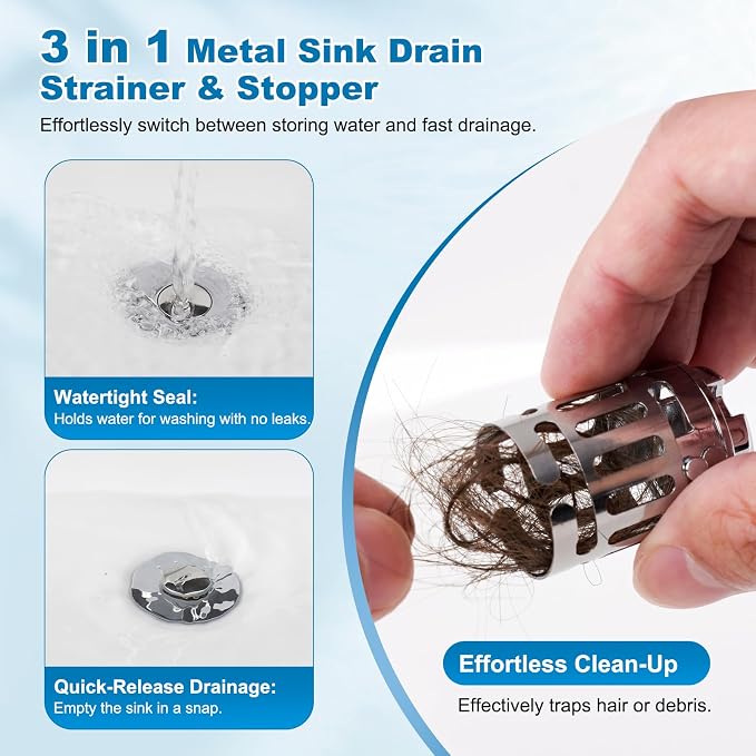 Hibbent Universal Bathroom Sink Drain Strainer, Upgraded 3 in 1 Pop Up Stopper - Image 5