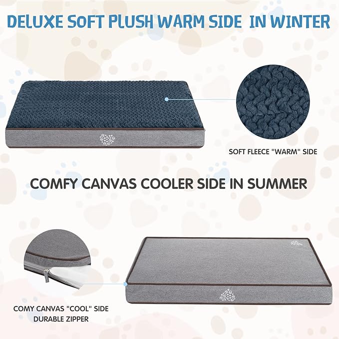 VANKEAN Dog Bed Soft Crate Pad Mat Reversible Warm& Cool, Washable Comfy Kennel Pad with Orthopedic Egg-Crate Foam for Small Medium Large Dogs, Water-Resistant Pet Bed, Grey-XX-Large