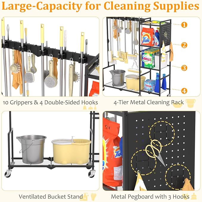 46" H Broom Holder with Cleaning Supplies Organizer, Mop Rack Storage with - Image 3