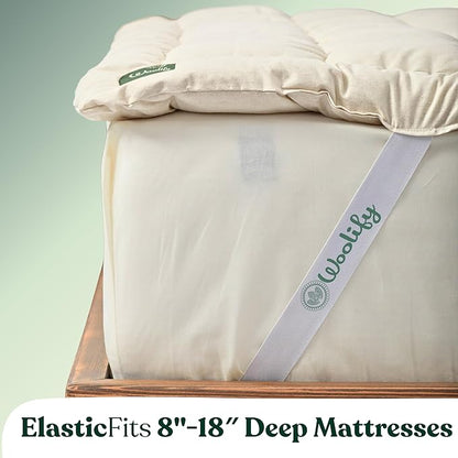Organic Merino Wool Mattress Topper - Luxury Pillow Top Mattress Pad, Handmade, Non-Toxic, Cooling & Hypoallergenic, Natural Back Pain Relief, Sustainable Bedding (Queen)