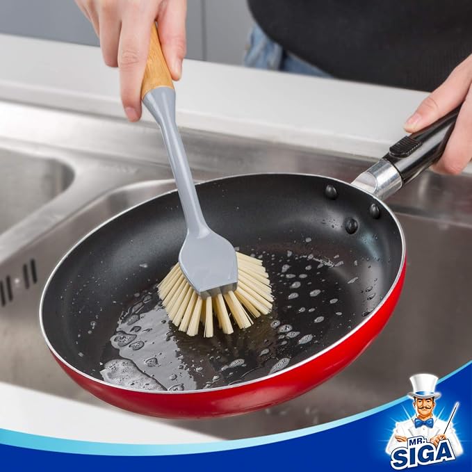 MR.SIGA Dish Brush with Long Bamboo Handle Built-in Scraper, Scrub Brush - Image 3
