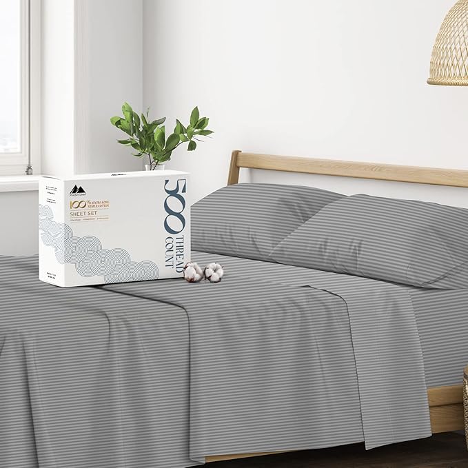 Mayfair Linen 100% Cotton Striped Sheets Queen Size Bed Set - 500 Thread Count Damask Sheets Queen Size 4 PC Set (Dark Grey Stripe), Soft, Cooling, Sateen Weave Hotel-Quality 16" Deep Pocket Bedsheet