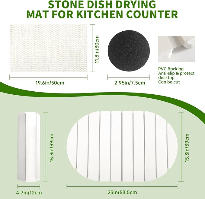 Stone Drying Mat for Kitchen Counter Oval, 23.62"x15.35", Collapsible Quick Dry - Image 2