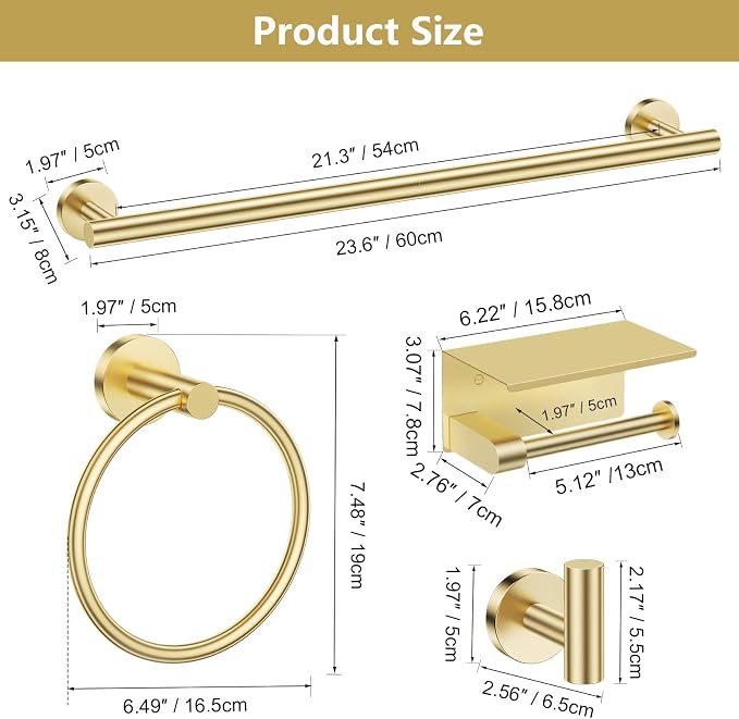 TQKAG 5 Piece Bathroom Towel Bar Holder Sets Brushed Gold Bathroom Hardware Set - Image 7