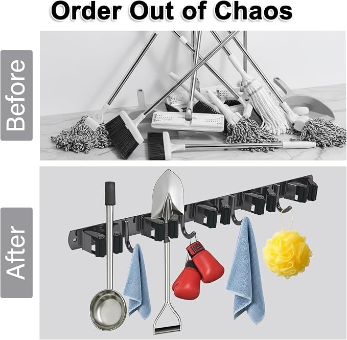 5 Racks and 4 Hooks Mop and Broom Holder Wall Mount, SUS304 Heavy Duty Broom - Image 5