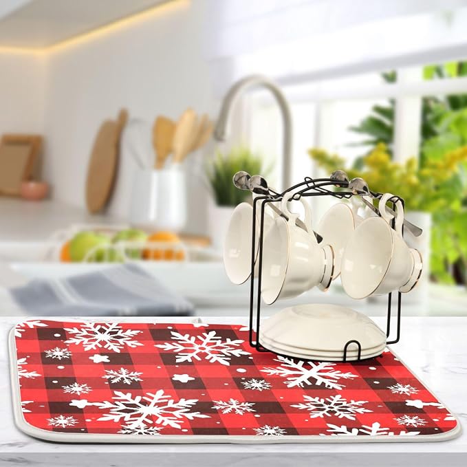 Snowflakes Christmas Checkered Plaid Dish Drying Mat - Image 5