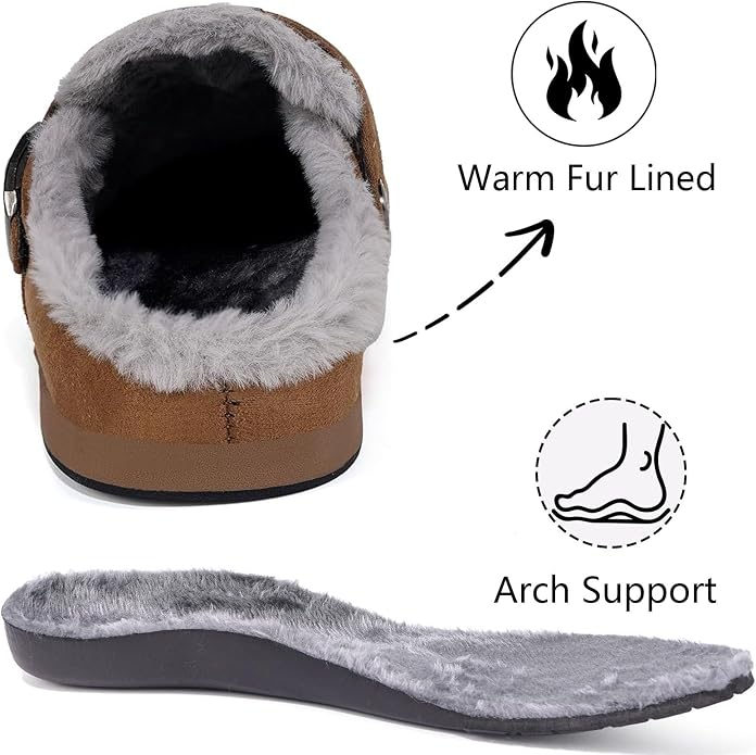 Fur Lined Clogs for Women Men Suede Winter Slippers Arch Support Slip on Mules - Image 5