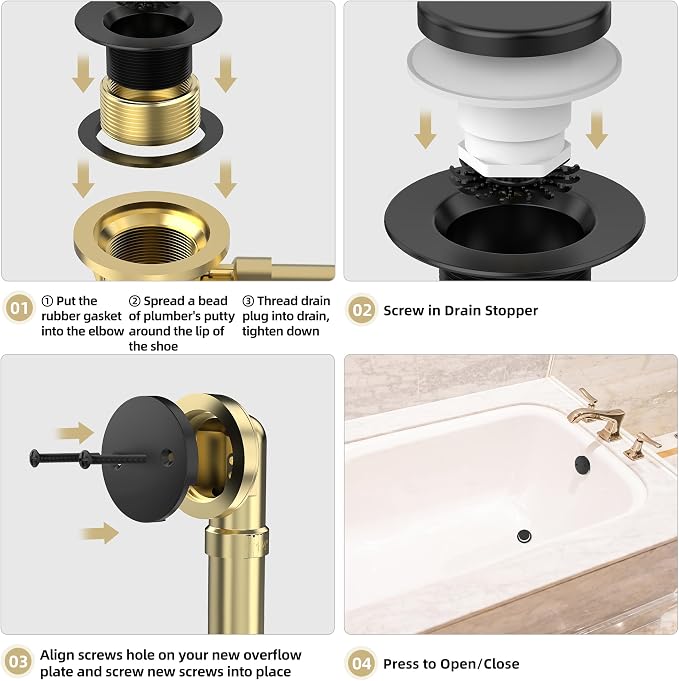 Matte Black Tub Drain Kit with Hair Catcher, Premium Brass Tip-Toe Bathroom Tub - Image 6