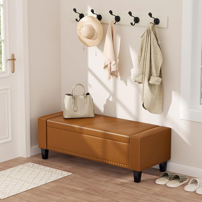 48.8" Storage Ottoman Bench Brown | Faux Leather Bedroom Bench - Image 8