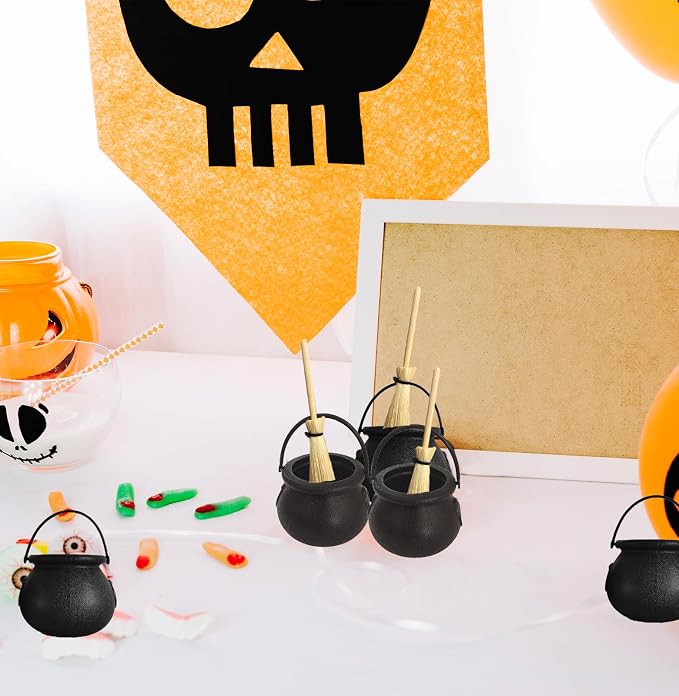 Mini Plastic Cauldron and Mini Broom Halloween Decorations Witch Pot Black - Image 6
