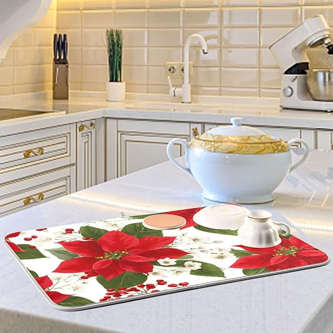 Red Poinsettias with Holly Dish Drying Mat - Image 6