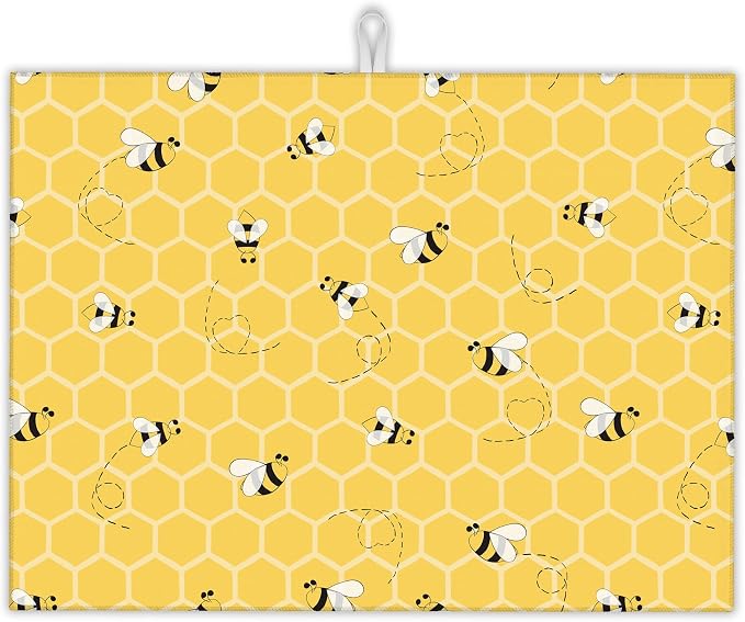 Yellow Bees Dish Drying Rack Mats Decor, Honey Honeycombs Dish Pad Drying Mat by UIUPRO