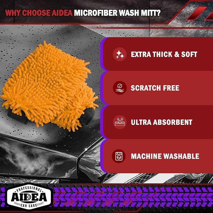 AIDEA Car Wash Mitt Microfiber, 2PK Scratch Free Lint-Free, Premium Chenille - Image 3
