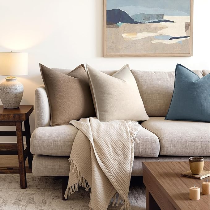 MIULEE Brown Decorative Pillow Covers 18x18, 2 Pack Boho Farmhouse Neutral Throw Pillows for Couch, Thick Textured Modern Linen Cushion Cases Sofa Bed Living Room Home Decor