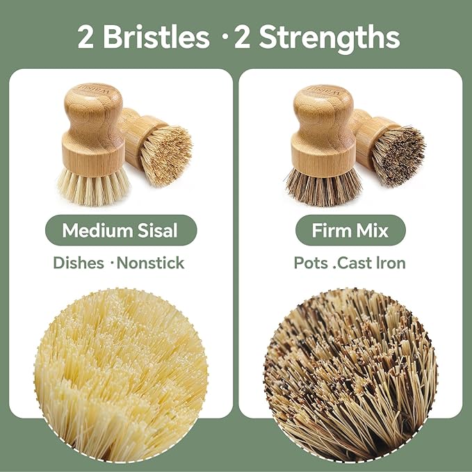 Bamboo Dish Brush Set, 4 Pack, Plastic-Free, Dish Scrubber & Vegetable Brush - Image 3