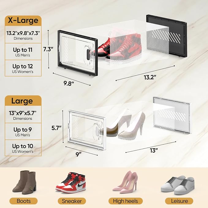 BALEINE 3 Pack Stackable Shoe Storage Boxes Fit Size 11, Thickened Clear Shoe - Image 4