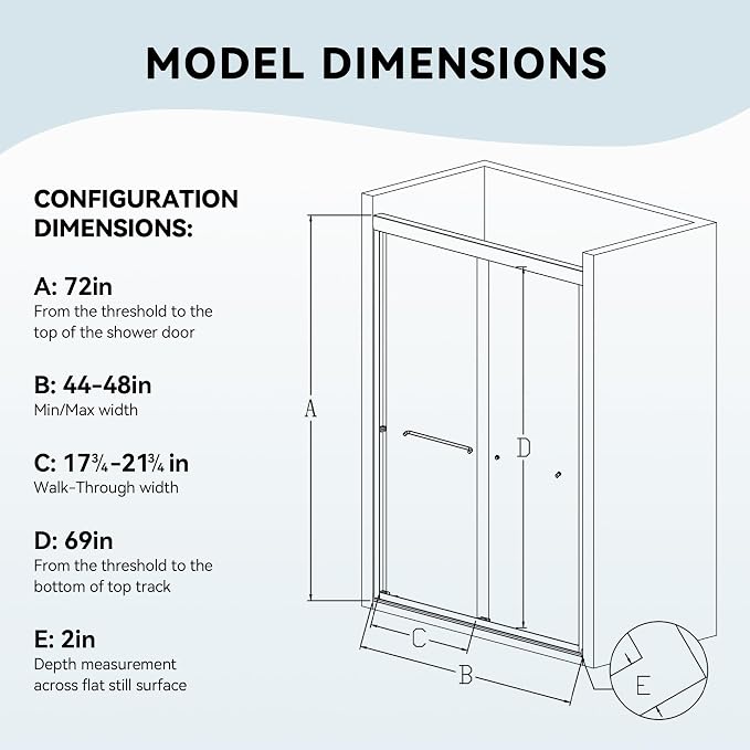 44-48" W x 72" H Bathroom Double Sliding Shower Door, Semi-Frameless Shower - Image 2