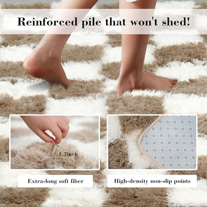 Checkered Rug for Living Room, 8x10 Beige and White Area Rugs, Classic Checkered Carpets Shaggy Area Rug, Bedside Rugs for Living Room Bedroom Kids Room Home Decor