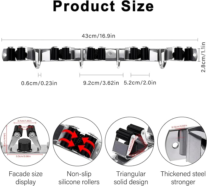 5 Racks and 4 Hooks Mop and Broom Holder Wall Mount, SUS304 Heavy Duty Broom - Image 3