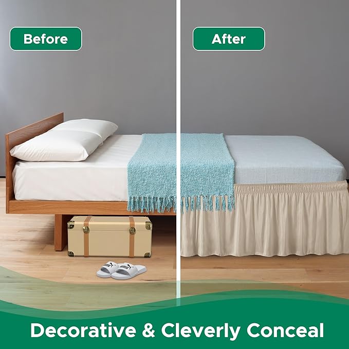 Biscaynebay Wrap Around Bed Skirts for Queen Beds 16" Drop, Light Camel Adjustable Elastic Dust Ruffles Easy Fit Wrinkle & Fade Resistant Silky Luxurious Fabric Solid Machine Washable