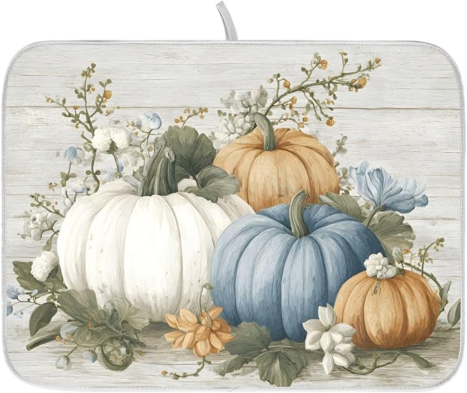 Fall Blue Orange Grey Pumpkin Thanksgiving Dish Drying Mat by ALAZA