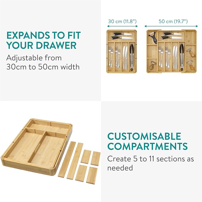 Navaris Bamboo Kitchen Drawer Organiser - Image 3