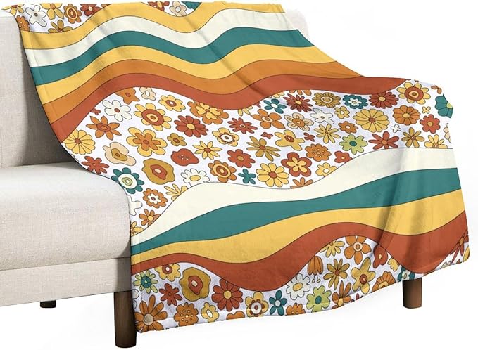 70s Retro Floral Throw Blanket, Boho Groovy Wavy Geometric Hippie Cute Flowers Yellow Orange Abstract Print Blanket for Holiday Theme Home Decor Bedding Couch and Gift 30"x40"