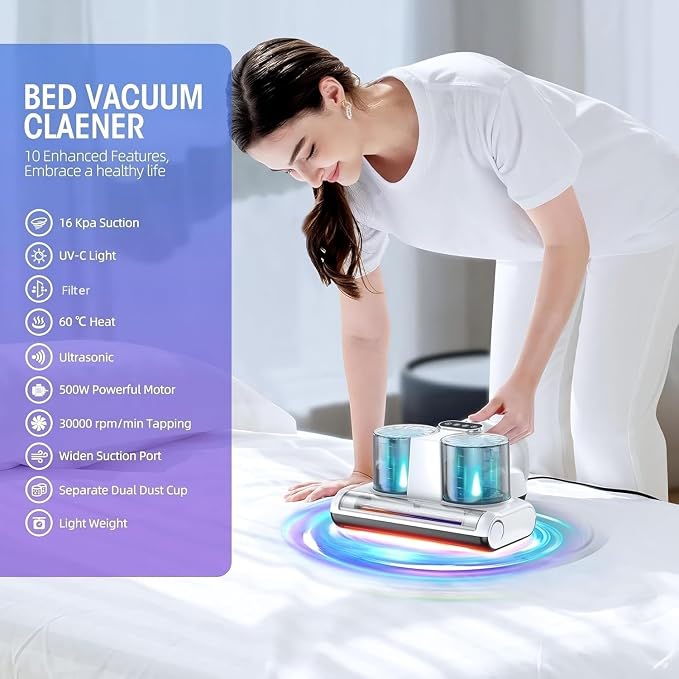 Mattress Vacuum Bed Vacuum Cleaner 16Kpa Suction 253.7nm UV-C Light, 140°F - Image 2