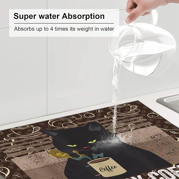 Vintage Cat Dish Drying Mat for Kitchen Counter Retro Coffee Dish Drainer Rack - Image 4
