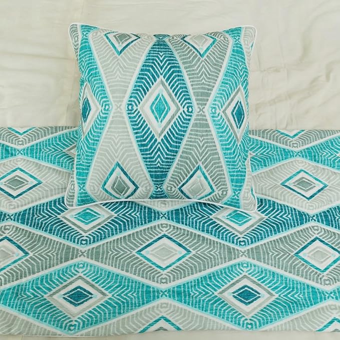 The HomeCentric King/Queen/Twin Blue, Ivory & Grey Decorative Full 68"x18" Bed Runner with 2 Pillow Cover, Quilted & Printed Bed Scarf on Cotton Fabric - Tallulah