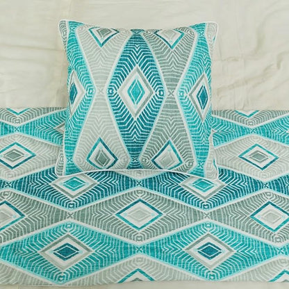 The HomeCentric King/Queen/Twin Blue, Ivory & Grey Decorative Full 68"x18" Bed Runner with 2 Pillow Cover, Quilted & Printed Bed Scarf on Cotton Fabric - Tallulah